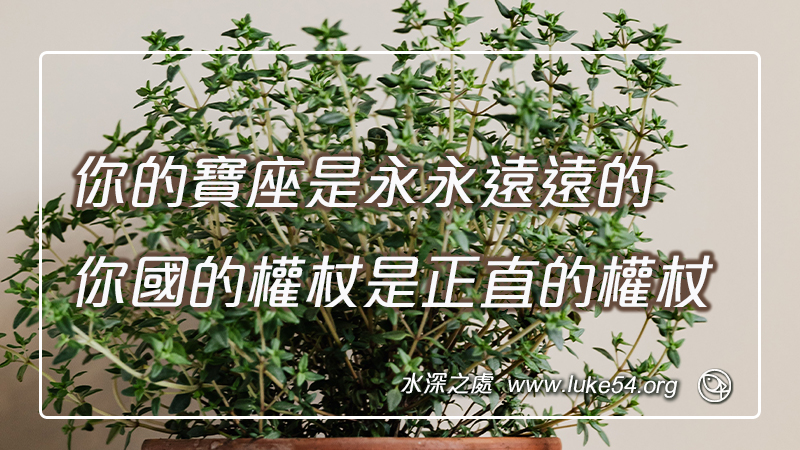 神阿,你的寶座是永永遠遠的,你國的權杖是正直的權杖