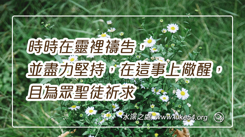 時時在靈裡禱告,並盡力堅持,在這事上儆醒,且為眾聖徒祈求