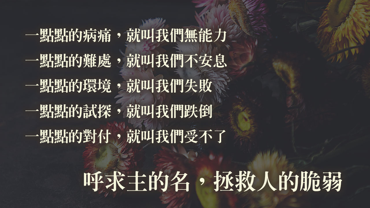 呼求主的名，拯救人的脆弱：我們這個人是脆弱的。一點點的病痛，就叫我們無能力﹔一點點的難處，就叫我們不安息...