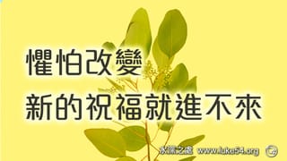 懼怕改變，新的祝福就進不來！將新酒裝在新皮袋裡