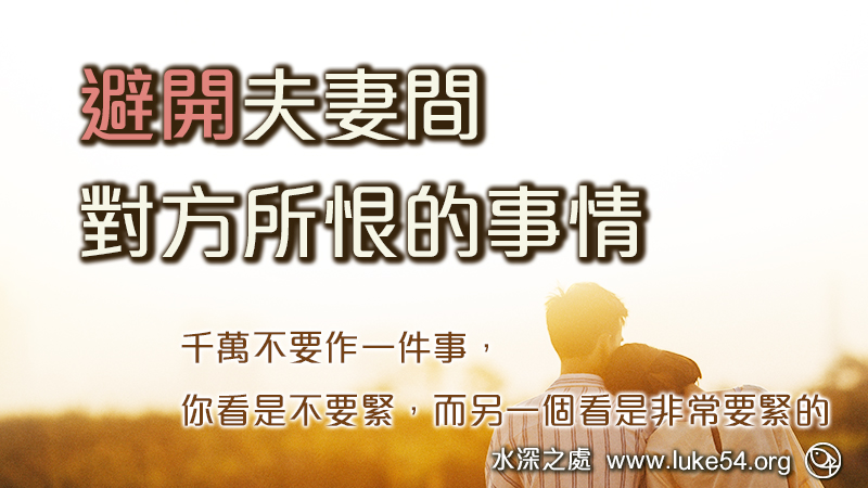 避開夫妻間對方所恨的事情:千萬不要作一件事,你看是不要緊,而另一個看是非常要緊的