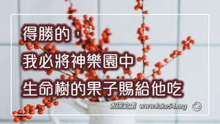 得勝的,我必將神樂園中生命樹的果子賜給他吃